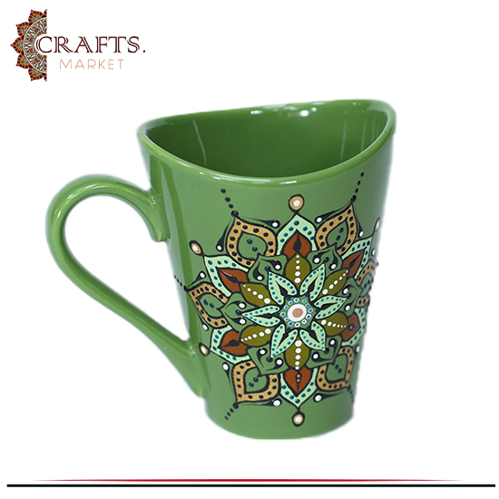 Hand-painted Olive Green Porcelain Mug with a Mandala Design 