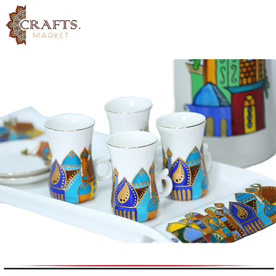 Hand-painted Porcelain and Thermoplastic Tea Set, 14 pieces