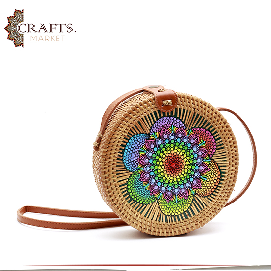 Handmade Beige Straw Women's Handbag Decorated with Mandala Design