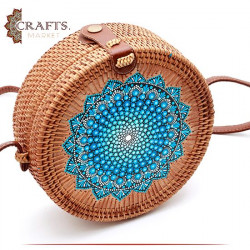 Handmade Beige Straw Women's Handbag Decorated with "Mandala" Design