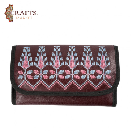 Genuine leather wallet, hand-embroidered with a cypress design