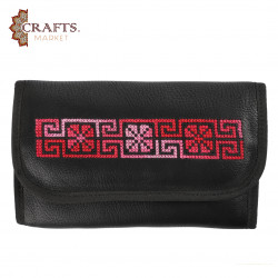 Genuine leather wallet, hand-embroidered with a squares design