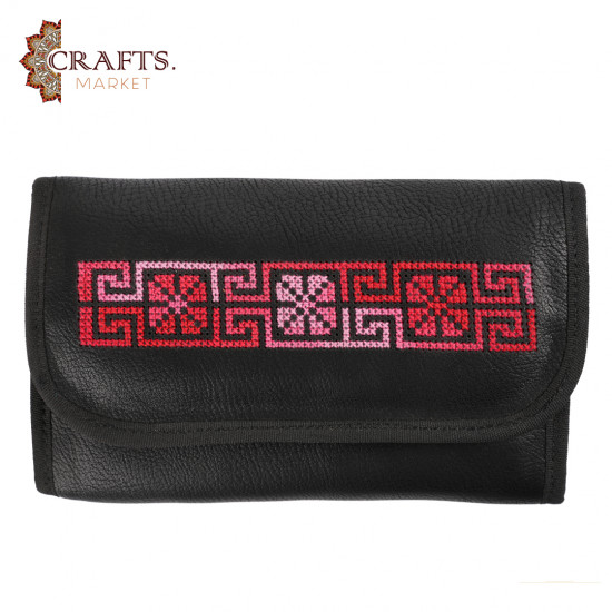 Genuine leather wallet, hand-embroidered with a squares design