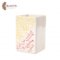 Square desk pen holder made of hand-decorated clay with Arabic calligraphy