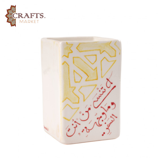Square desk pen holder made of hand-decorated clay with Arabic calligraphy