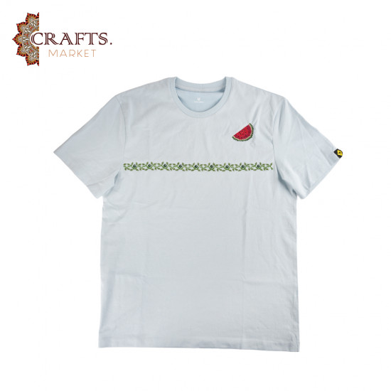 A cotton and polyester T-shirt, size (M), hand-embroidered with ‘Sweat and Watermelon