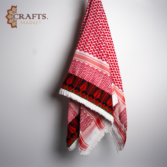 A red shemagh with red and green hand embroidery A red shemagh with red and green hand embroidery