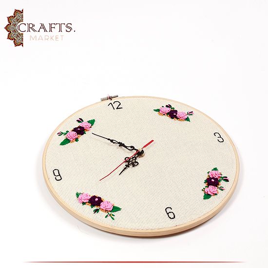 Handcrafted Beige Fabric Wall Clock Decorated with embroidery
