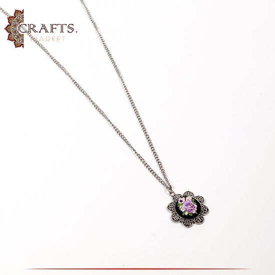  Silver Metal Necklace with a Hand-embroidered Pendant Roses design.