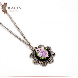  Silver Metal Necklace with a Hand-embroidered Pendant Roses design.