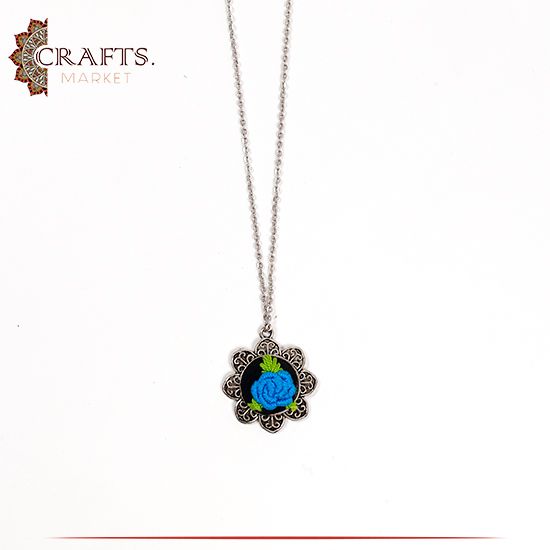  Silver Metal Necklace with a Hand-embroidered Pendant  Blue Rose design.