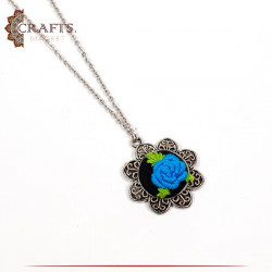  Silver Metal Necklace with a Hand-embroidered Pendant  Blue Rose design.