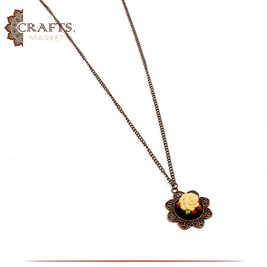  Brass  Metal Necklace with a Hand-embroidered Pendant  "Yellow Rose" design