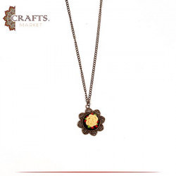  Brass  Metal Necklace with a Hand-embroidered Pendant  Yellow Rose design