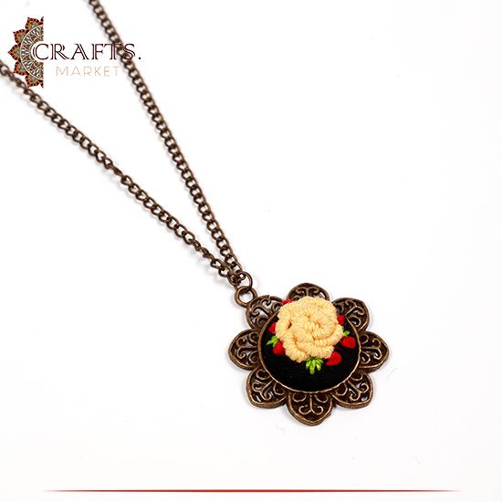 Brass  Metal Necklace with a Hand-embroidered Pendant  "Yellow Rose" design
