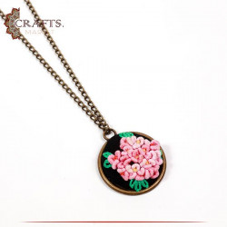 Handmade Brass Metal Necklace with a Hand-embroidered Pendant  Roses design.