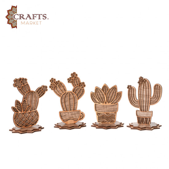 Decorative Wooden Cactus Set 4 Handcrafted Pieces