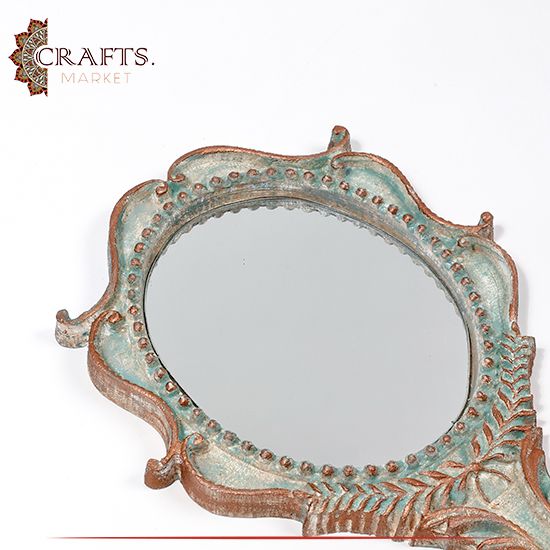 Handmade Handheld Wooden Mirror Turquoise 