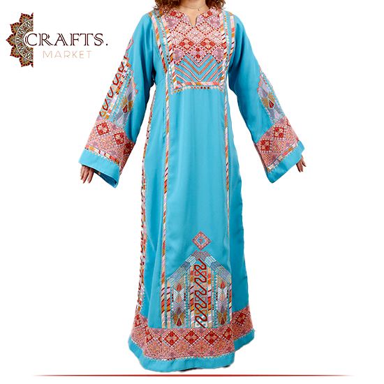 فستان تقليدي نسائي حرير مطرز يدويا باللون الأزرق