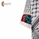 A hand-embroidered keffiyeh with the names of Palestinian cities
