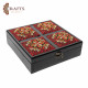 A handmade wooden gift box with a multicolored embroidered design A handmade wooden gift box with a multicolored embroidered design