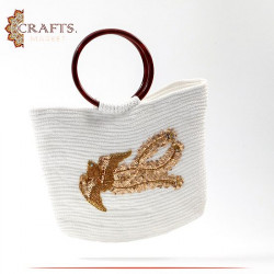 Handmade White Cotton Women Hand Bag with "Bird" design