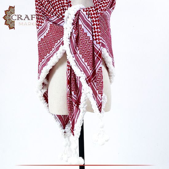 White & Red Shemagh knitted and fringed by hand 