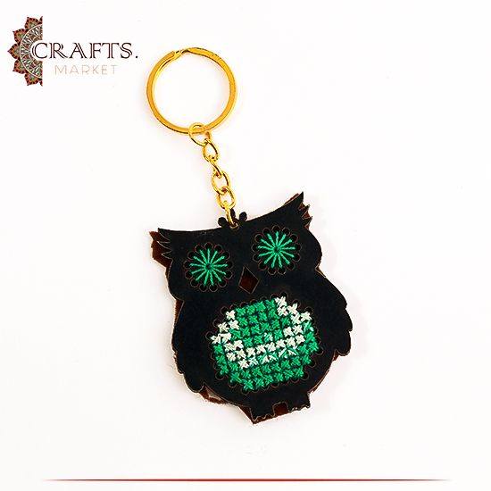 Handmade Wooden Key Chain Adorned with Embroidery  Owl 