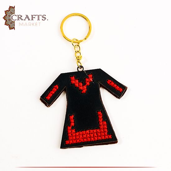 Handmade Wooden Key Chain Adorned with Embroidery "Dress" shape