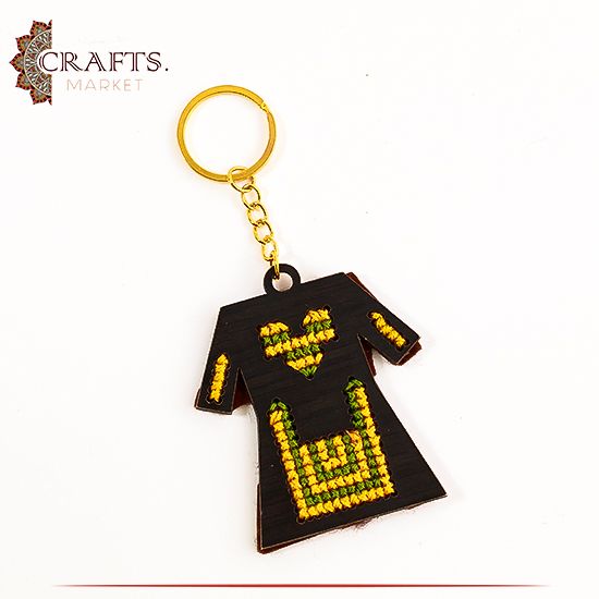 Handmade Wooden Key Chain Adorned with Embroidery  Dress  shape