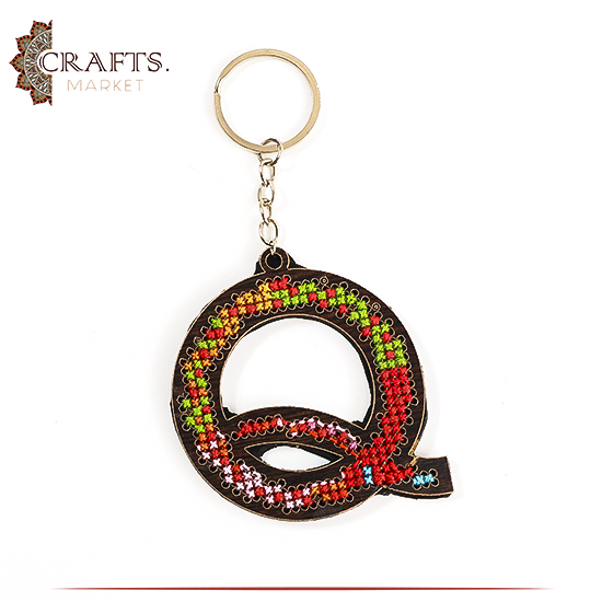 Handmade Wooden Key Chain Adorned with Embroidery Letter  Q  