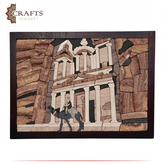 Handcrafted Stone Wall Art with the pink city Petra with a camel in the middle Design 