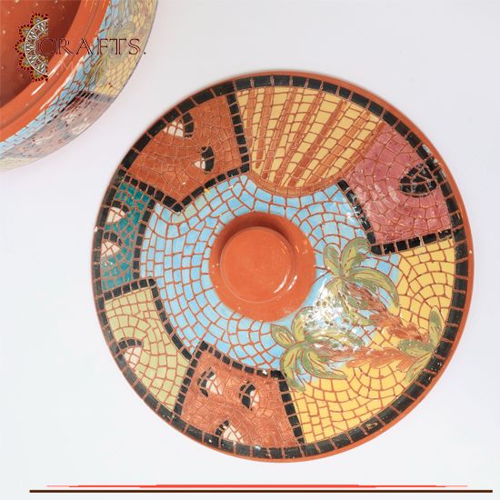 Handmade Clay Serving Dish with Mosaic Village Design 