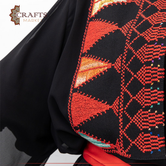 Red and black peasant Traditional Abaya with hand embroidery