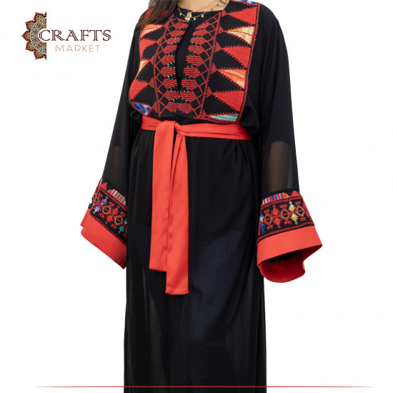 Red and black peasant Traditional Abaya with hand embroidery