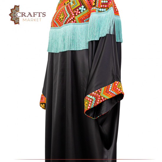 Black Color Bisht Decorated with Turquoise Tassels and Reflective Pieces