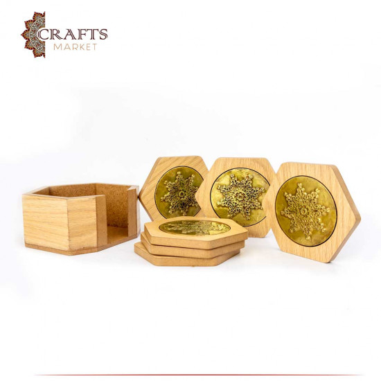Wooden Coasters Set Decorated with Copper with Wooden Case