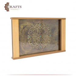 Wooden serving tray decorated with copper and beads