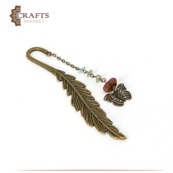 Feather design book separator with butterfly design pendant with glass beads