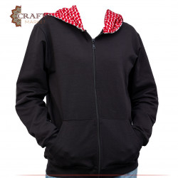 A black unisex hoodie with zipper featuring a double-sided hood inspired by the Jordanian shemagh and kuffiyeh.