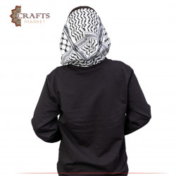 A black unisex hoodie with zipper featuring a double-sided hood inspired by the Jordanian shemagh and kuffiyeh.