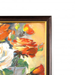 A painting with the design of a vase with a group of roses inside