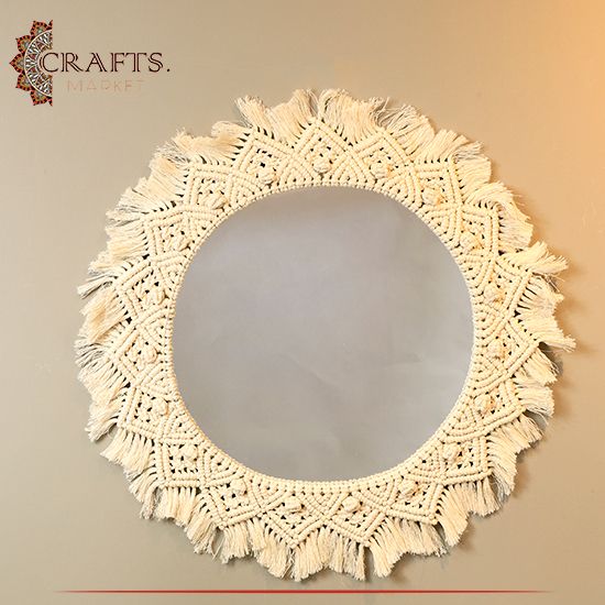 Hand Crafted White Macrame Wall Mirror 