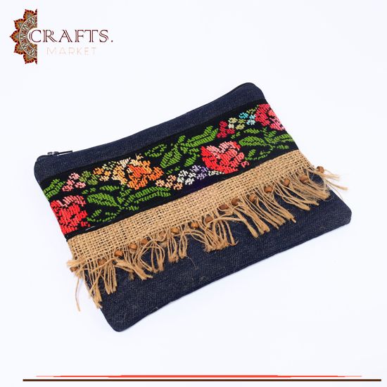 Denim Women's Clutch Bag in a Peasant embroidery design