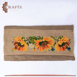 Hand-Embroidered Burlap Pillow Cover in Yellow Flowers Design 