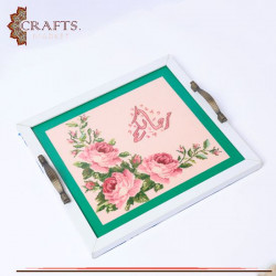 Wooden Tray adorned with Hand-embroidered "Roses" design.