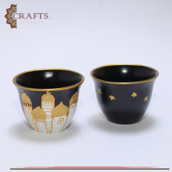 Handmade Black Porcelain Arabians Coffee Cup Set with Village Design, 12PCS
