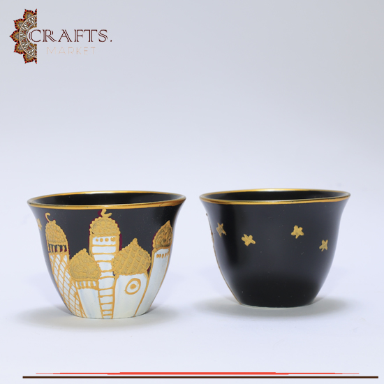 Handmade Black Porcelain Arabians Coffee Cup Set with Village Design, 12PCS