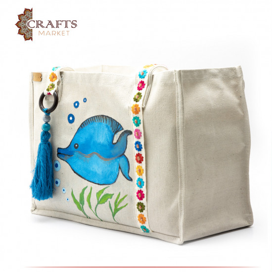 Hand-embroidered & Painted Women's Linen Bag with a Fish Design