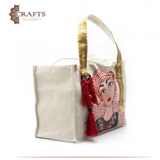 Hand-embroidered & Painted Women's Linen Bag with a Shemagh Girl Design